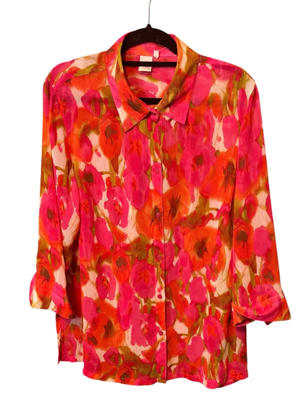 Jones New York Floral Button Up Blouse Pink Orange Sheer 1X Plus Size